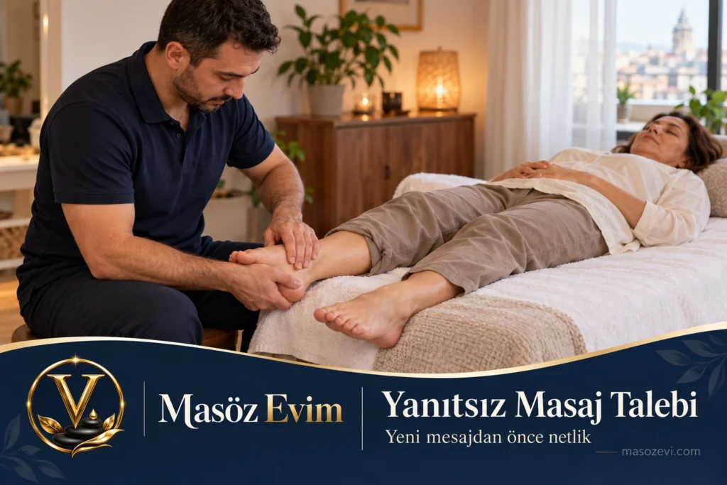 Yanıtsız masaj talebi rehberi için yetişkin kadının ayağına masaj uygulayan erkek; konu başlığı ve Masöz Evim logosu