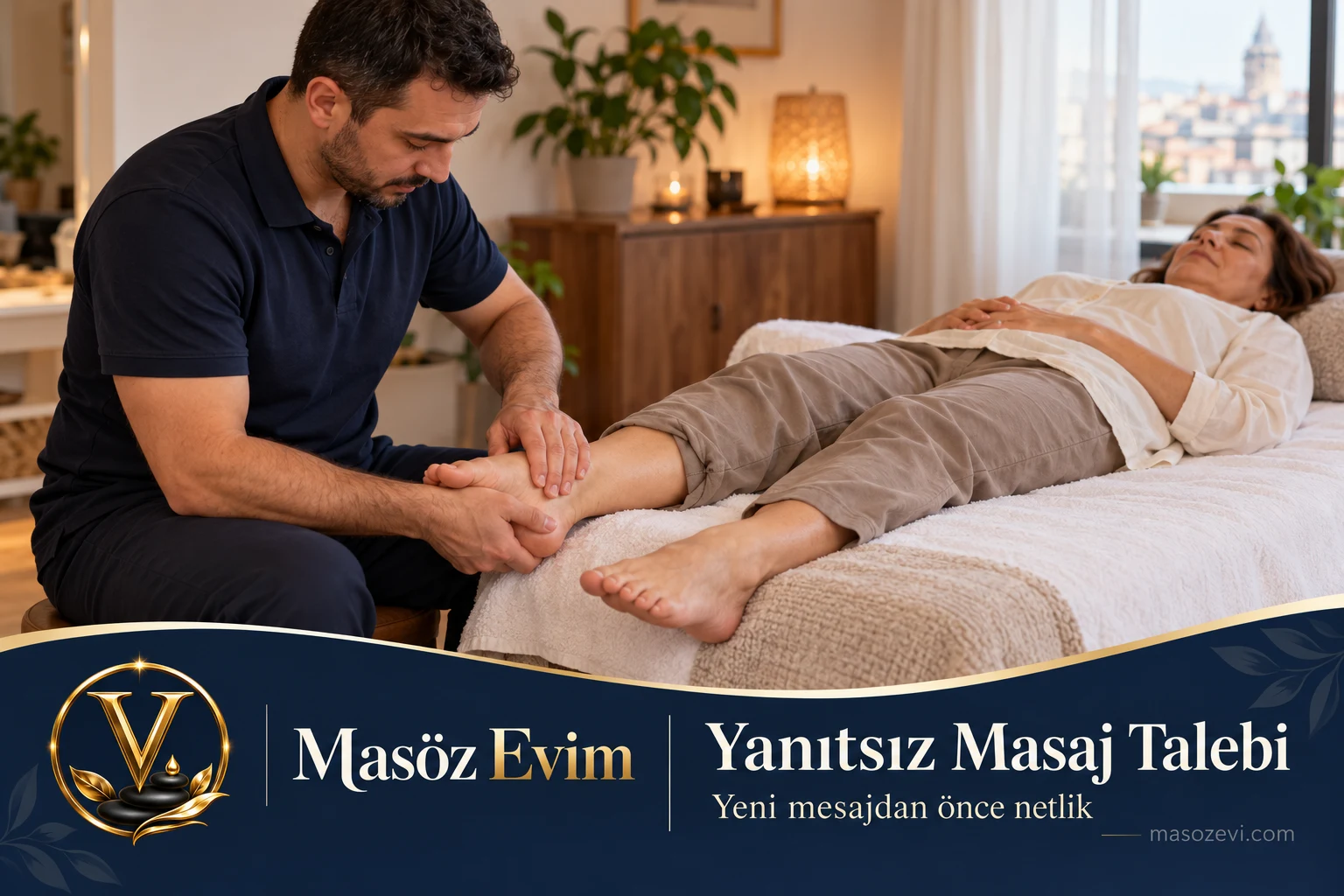 Yanıtsız Masaj Talebi: Tekrar Yazmadan Önce Neyi Netleştirmeli? 1 Yanıtsız masaj talebi rehberi için yetişkin kadının ayağına masaj uygulayan erkek; konu başlığı ve Masöz Evim logosu