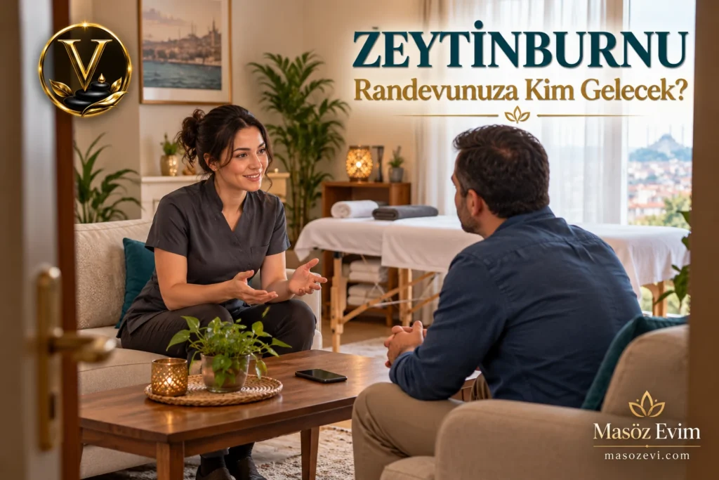 Zeytinburnu evde randevusunda masöz değişikliği ve seans kapsamını konuşan giyinik yetişkin erkek ile kadın masöz, Masöz Evim logosu
