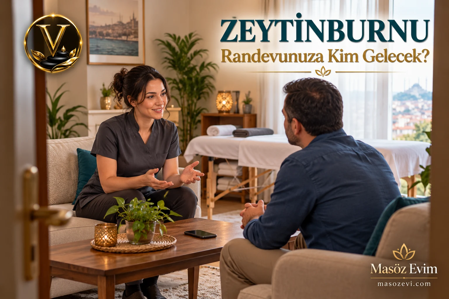 Zeytinburnu evde randevusunda masöz değişikliği ve seans kapsamını konuşan giyinik yetişkin erkek ile kadın masöz, Masöz Evim logosu